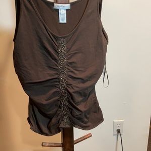 Sleeveless ruched blouse with beaded design on front